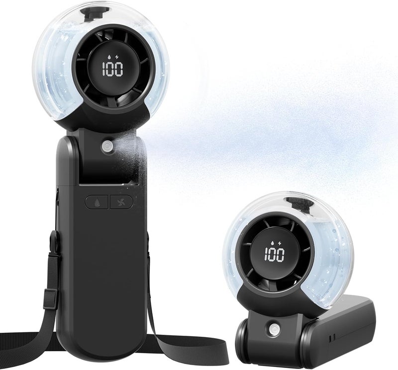 TriPole Misting Fan Portable Handheld Turbo Fan with Mist, LED Display, Foldable High Speed Airflow Mini Fans, Rechargeable Personal Mister with Water Spray Bottle for Summer Trip Beach Camping, Black - Image 1